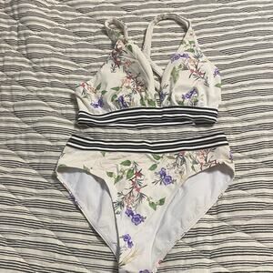 Athleta White and Black Striped Floral Swimwear